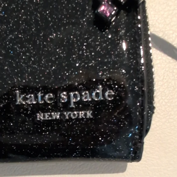 Kate Spade Black Glitter Space Invaders Wallet with Purple Zipper Pull